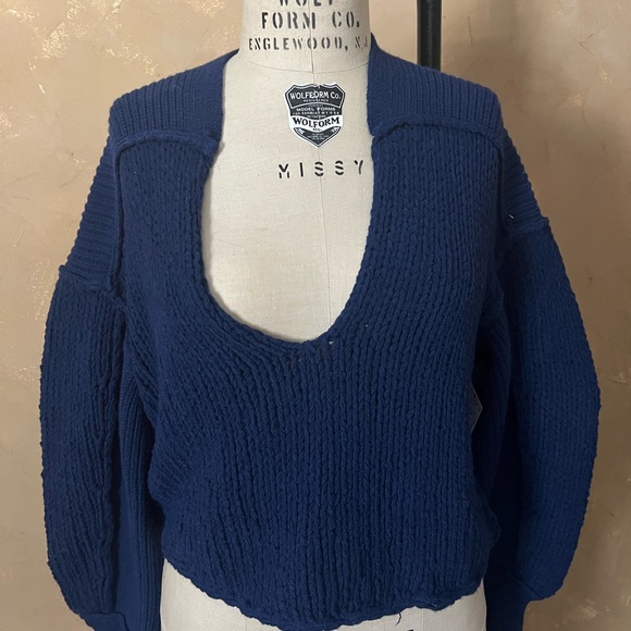 Free People M Knit Sweater Puff Sleeve Crop Blue NWT - Picture 3 of 8